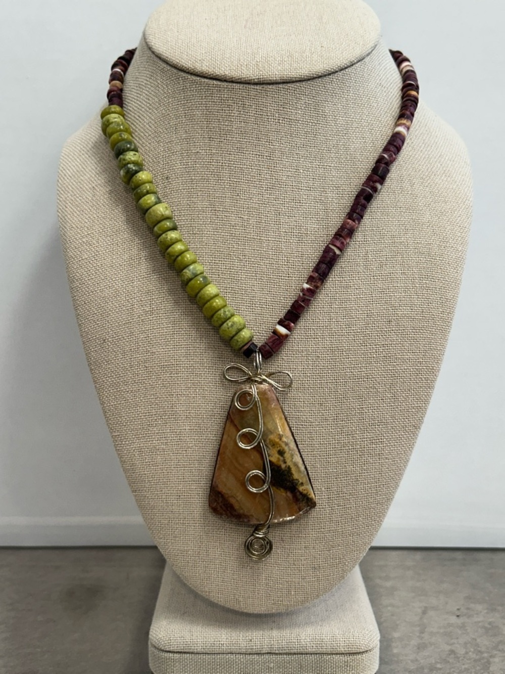 Handcrafted Green and Burgundy Stone Pendant Necklace
